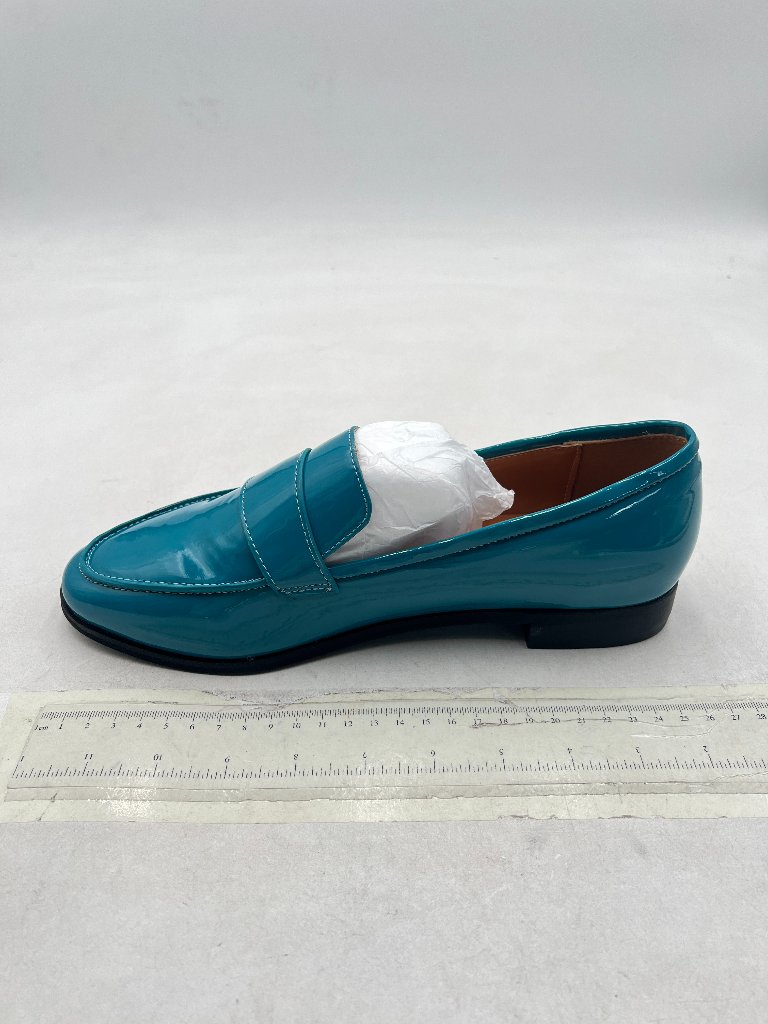 Ydn Blue Closed Toe Loafer Block Low Heel Slip On Pumps With Wide Strap Decor